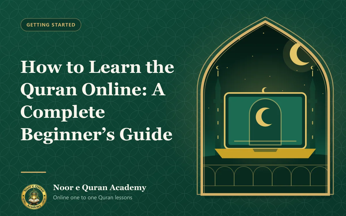 Featured image for the article "How to Learn the Quran Online: A Complete Beginner's Guide": a laptop showing a mihrab arch and crescent, in front of a mosque skyline at night, framed by a mihrab arch in emerald and gold.