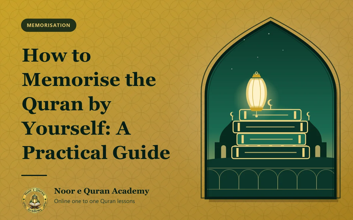 Featured image for the article "How to Memorise the Quran by Yourself: A Practical Guide": a stack of books with a glowing lantern on top, with domes at dawn, framed by a mihrab arch in emerald and gold.