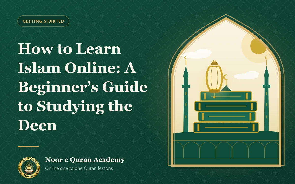 Featured image for the article "How to Learn Islam Online: A Beginner's Guide to Studying the Deen": a stack of Islamic books with a lantern on top, in front of a mosque skyline, framed by a mihrab arch in emerald and gold.