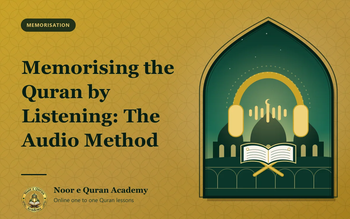 Featured image for the article "Memorising the Quran by Listening: The Audio Method": headphones with sound waves above an open Quran, with domes at dawn, framed by a mihrab arch in emerald and gold.