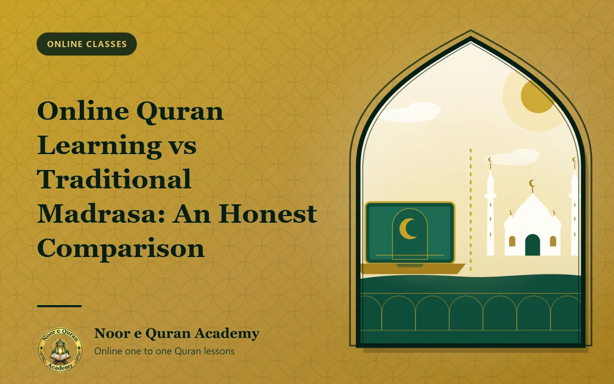 Featured image for the article "Online Quran Learning vs Traditional Madrasa: An Honest Comparison": a laptop on one side and a mosque on the other, divided by a dotted line, framed by a mihrab arch in emerald and gold.