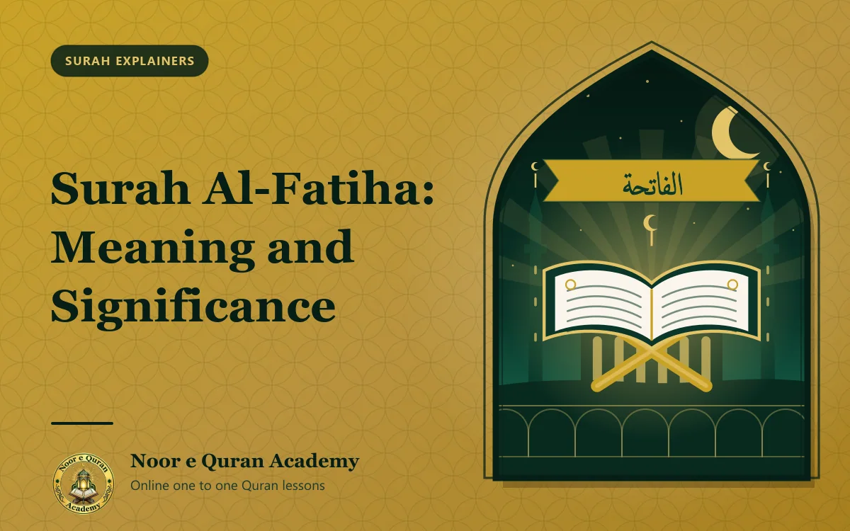 Featured image for the article "Surah Al-Fatiha: Meaning and Significance": an open Quran glowing with light beneath a ribbon with the name Al-Fatiha, in front of a mosque, framed by a mihrab arch in emerald and gold.