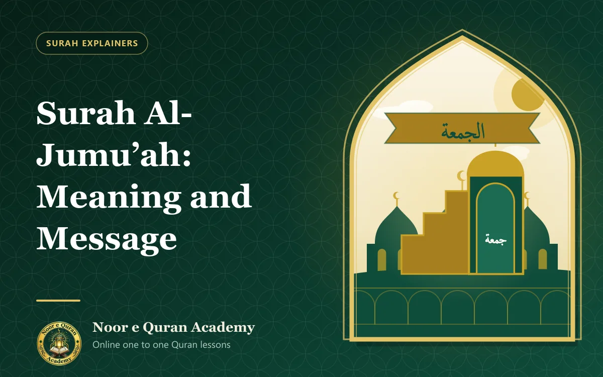 Featured image for the article "Surah Al-Jumu'ah: Meaning and Message": a mosque minbar beneath a ribbon with the name Al-Jumu'ah, with domes behind, framed by a mihrab arch in emerald and gold.