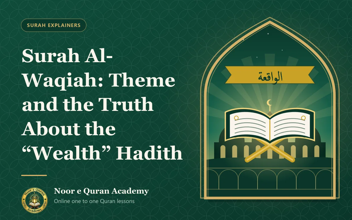 Featured image for the article "Surah Al-Waqiah: Theme and the Truth About the 'Wealth' Hadith": an open Quran glowing with light beneath a ribbon with the name Al-Waqiah, with domes at dawn, framed by a mihrab arch in emerald and gold.