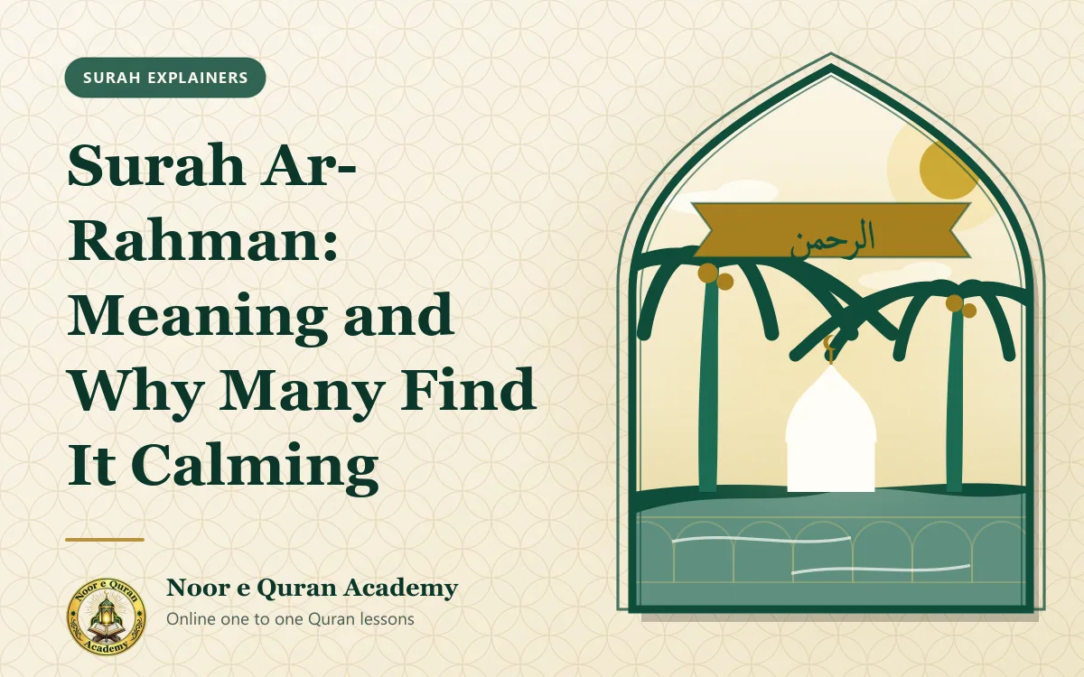 Featured image for the article "Surah Ar-Rahman: Meaning and Why Many Find It Calming": palm trees beside flowing water and a domed building beneath a ribbon with the name Ar-Rahman, framed by a mihrab arch in emerald and gold.