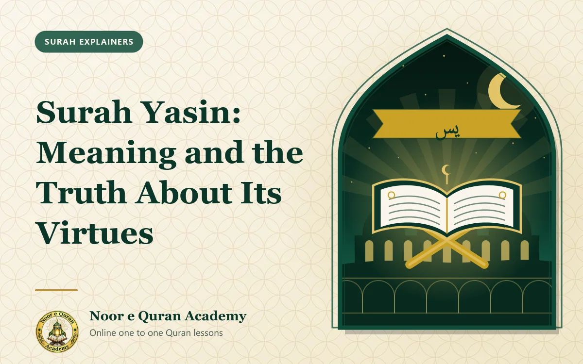 Featured image for the article "Surah Yasin: Meaning and the Truth About Its Virtues": an open Quran glowing with light beneath a ribbon with the name Yasin, under a night sky, framed by a mihrab arch in emerald and gold.