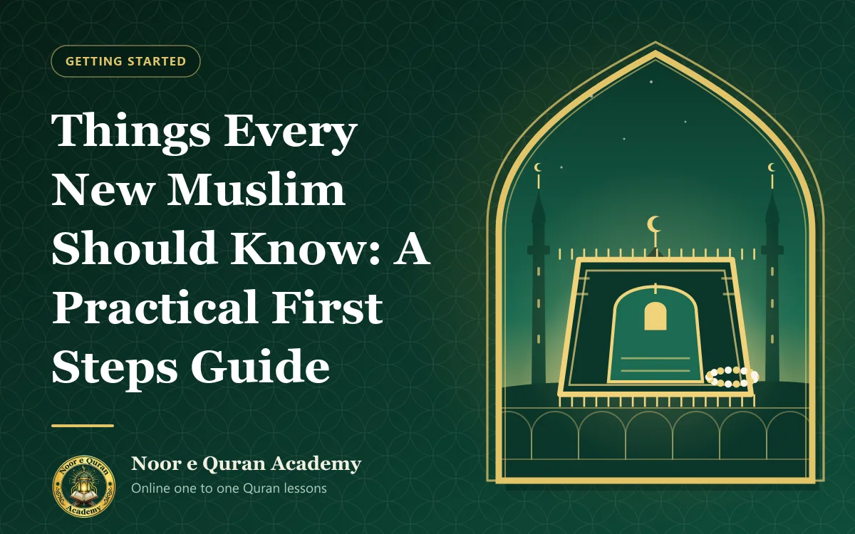 Featured image for the article "Things Every New Muslim Should Know: A Practical First Steps Guide": a prayer mat with prayer beads at dawn, in front of a mosque, framed by a mihrab arch in emerald and gold.