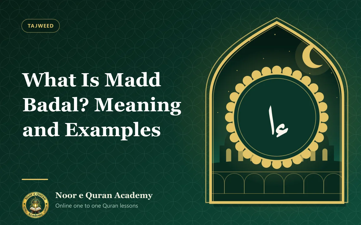 Featured image for the article "What Is Madd Badal? Meaning and Examples": the Arabic letters hamza and alif inside an ornate medallion, under a night sky, framed by a mihrab arch in emerald and gold.