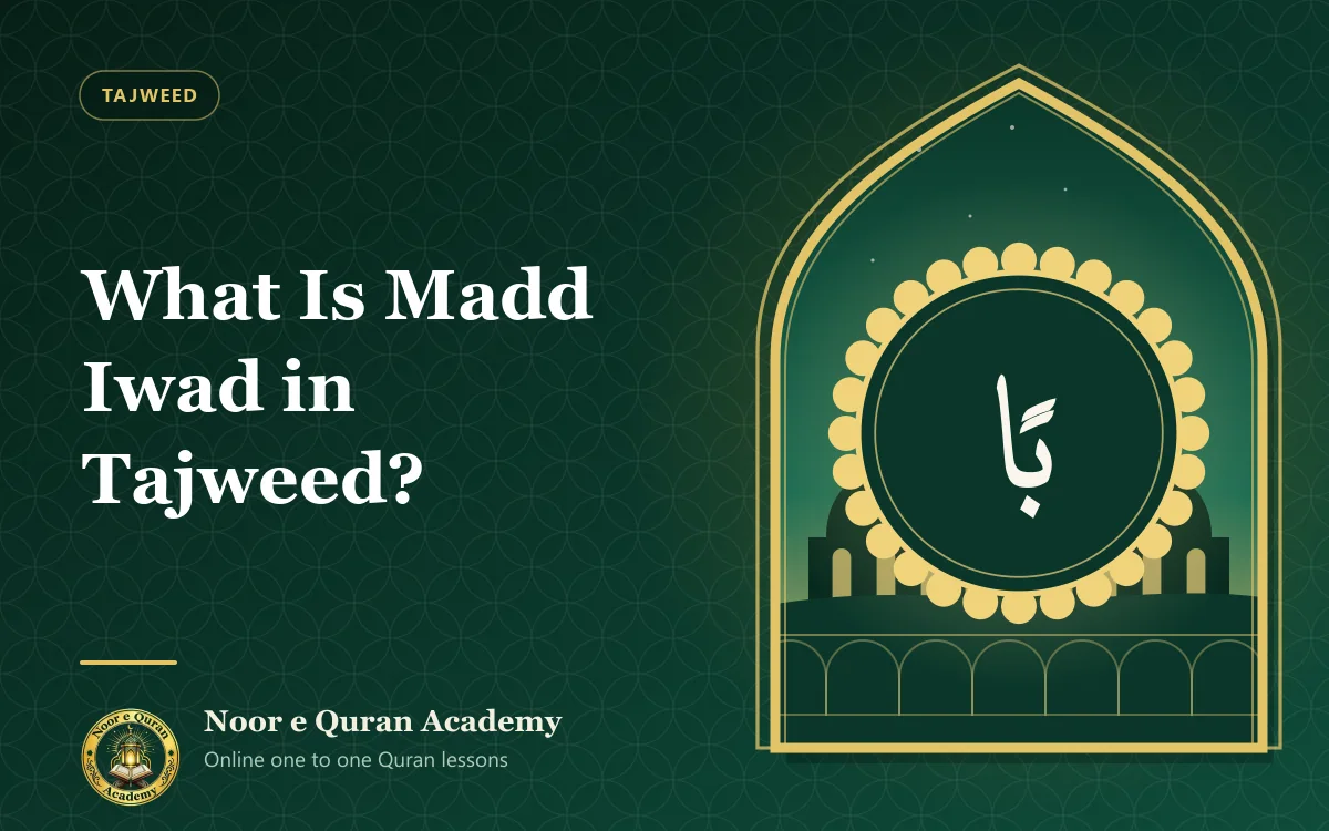 Featured image for the article "What Is Madd Iwad in Tajweed?": the Arabic letters ba and alif with a tanween sign inside an ornate medallion, with domes at dawn, framed by a mihrab arch in emerald and gold.