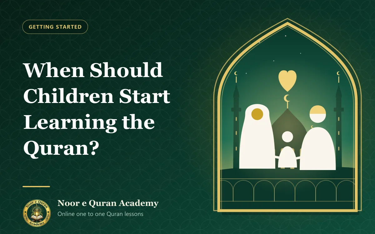 Featured image for the article "When Should Children Start Learning the Quran?": a mother, father and child standing together beneath a heart, in front of a mosque at dawn, framed by a mihrab arch in emerald and gold.