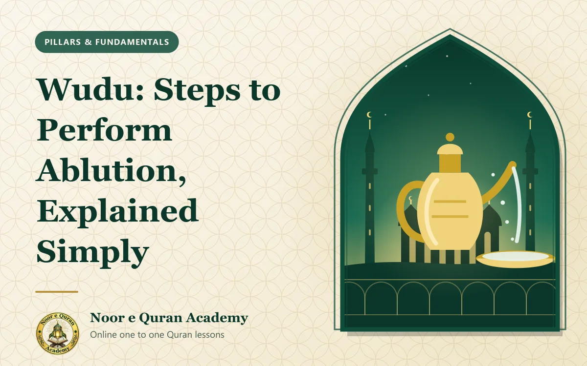 Featured image for the article "Wudu: Steps to Perform Ablution, Explained Simply": a brass water ewer pouring into a basin, in front of a mosque at dawn, framed by a mihrab arch in emerald and gold.