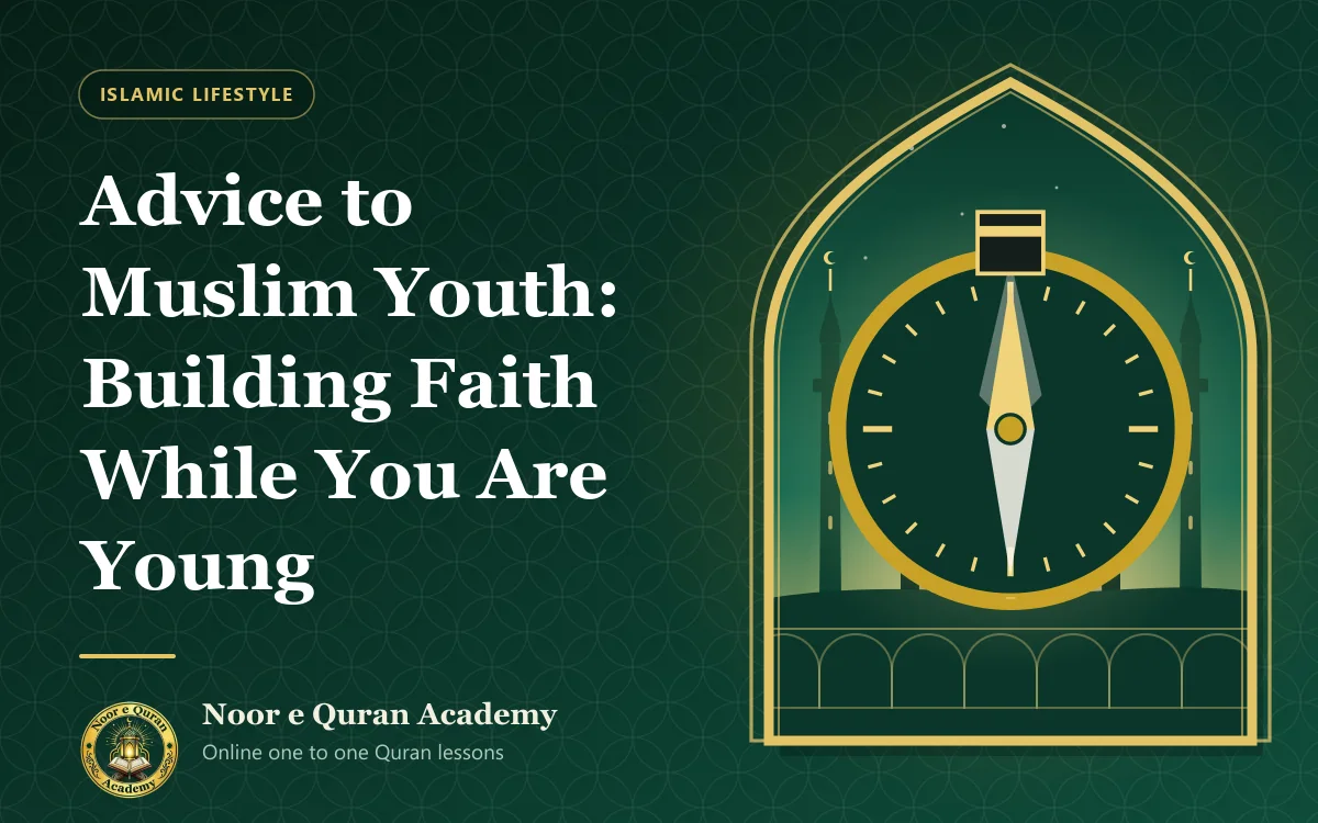 Advice to Muslim Youth: Building Faith While You Are Young Featured image for the article "Advice to Muslim Youth: Building Faith While You Are Young": a qibla compass with a Kaaba marker at the top, in front of a mosque at dawn, framed by a mihrab arch in emerald and gold.