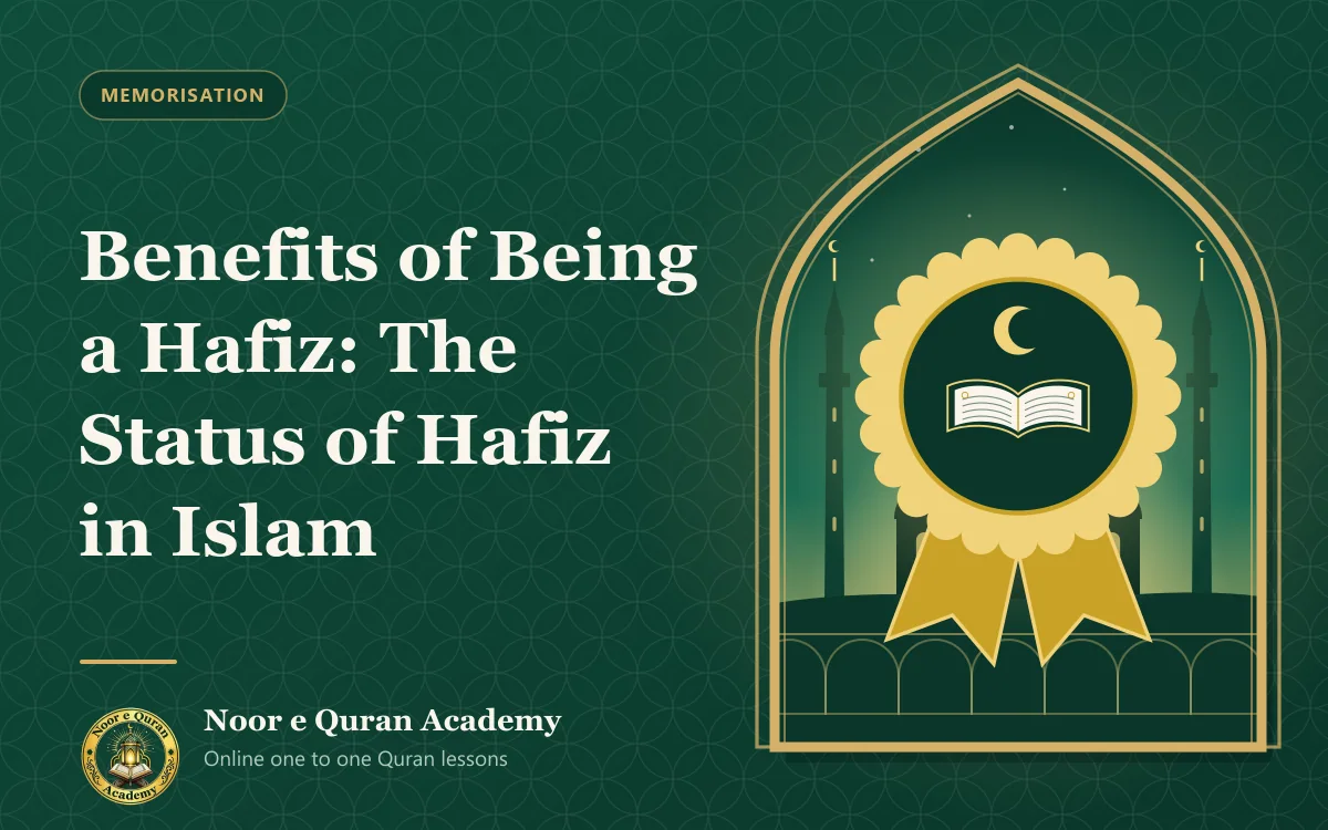 Benefits of Being a Hafiz: The Status of Hafiz in Islam Featured image for the article "Benefits of Being a Hafiz: The Status of Hafiz in Islam": a gold medal showing an open Quran and crescent, in front of the green-domed mosque of Madinah, framed by a mihrab arch in emerald and gold.