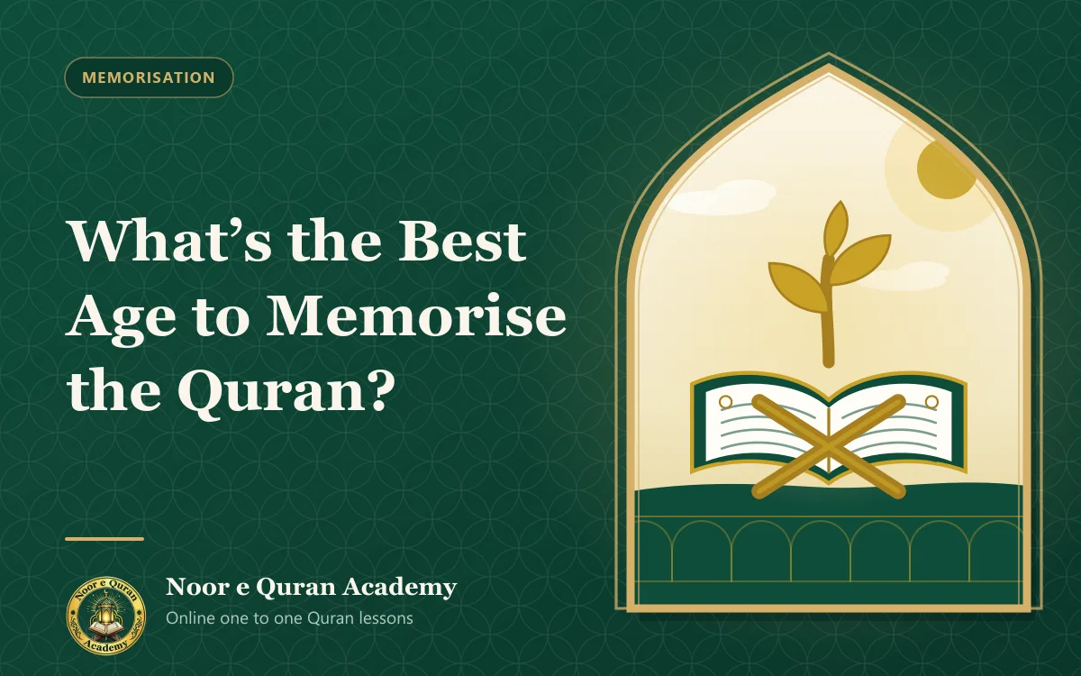 What's the Best Age to Memorise the Quran? Featured image for the article "What's the Best Age to Memorise the Quran?": a young sapling growing from an open Quran on a wooden stand, framed by a mihrab arch in emerald and gold.