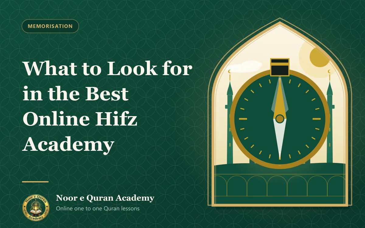 What to Look for in the Best Online Hifz Academy Featured image for the article "What to Look for in the Best Online Hifz Academy": a qibla compass with a Kaaba marker at the top, in front of a mosque, framed by a mihrab arch in emerald and gold.