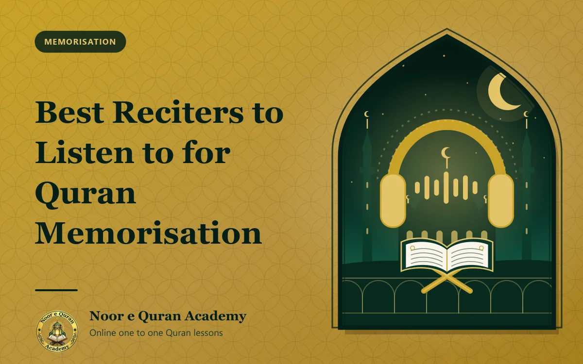 Best Reciters to Listen to for Quran Memorisation Featured image for the article "Best Reciters to Listen to for Quran Memorisation": headphones with sound waves above an open Quran, in front of a mosque at night, framed by a mihrab arch in emerald and gold.