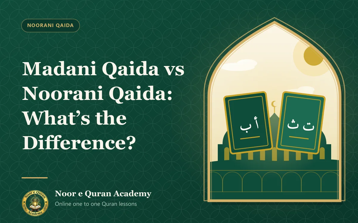 Madani Qaida vs Noorani Qaida: What's the Difference? Featured image for the article "Madani Qaida vs Noorani Qaida: What's the Difference?": two Qaida primers with Arabic letters on their covers, with domes behind, framed by a mihrab arch in emerald and gold.