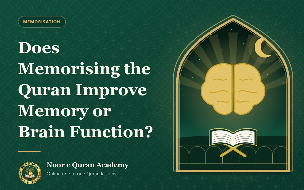 Does Memorising the Quran Improve Memory or Brain Function? Featured image for the article "Does Memorising the Quran Improve Memory or Brain Function?": a golden brain glowing with light above an open Quran on a stand, framed by a mihrab arch in emerald and gold.