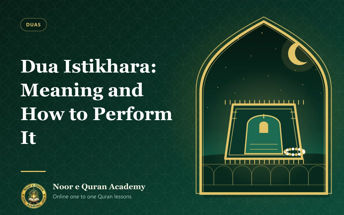 Dua Istikhara: Meaning and How to Perform It Featured image for the article "Dua Istikhara: Meaning and How to Perform It": a prayer mat with a mihrab design and prayer beads under a crescent moon at night, framed by a mihrab arch in emerald and gold.