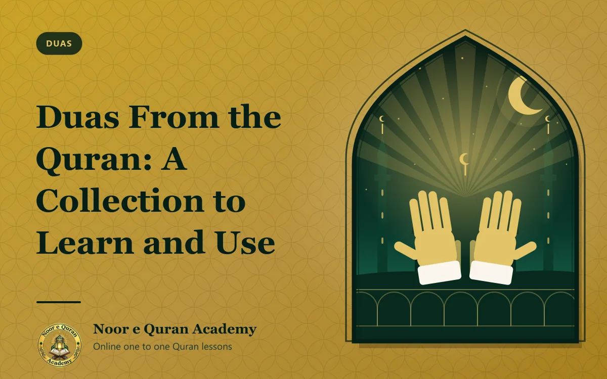 Duas From the Quran: A Collection to Learn and Use Featured image for the article "Duas From the Quran: A Collection to Learn and Use": two hands raised in dua beneath a crescent moon, with a mosque and minarets in the distance, framed by a mihrab arch in emerald and gold.