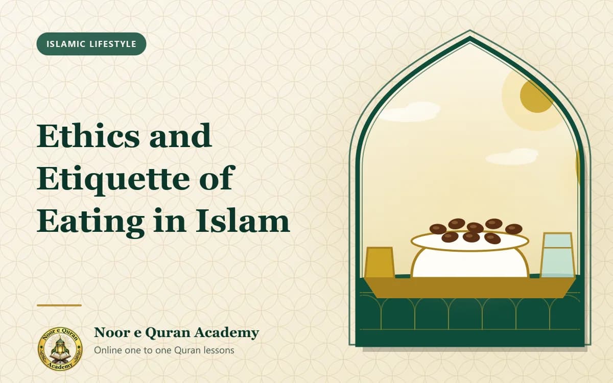 Ethics and Etiquette of Eating in Islam Featured image for the article "Ethics and Etiquette of Eating in Islam": a bowl of dates, a glass of water and a lantern laid out on a table, framed by a mihrab arch in emerald and gold.