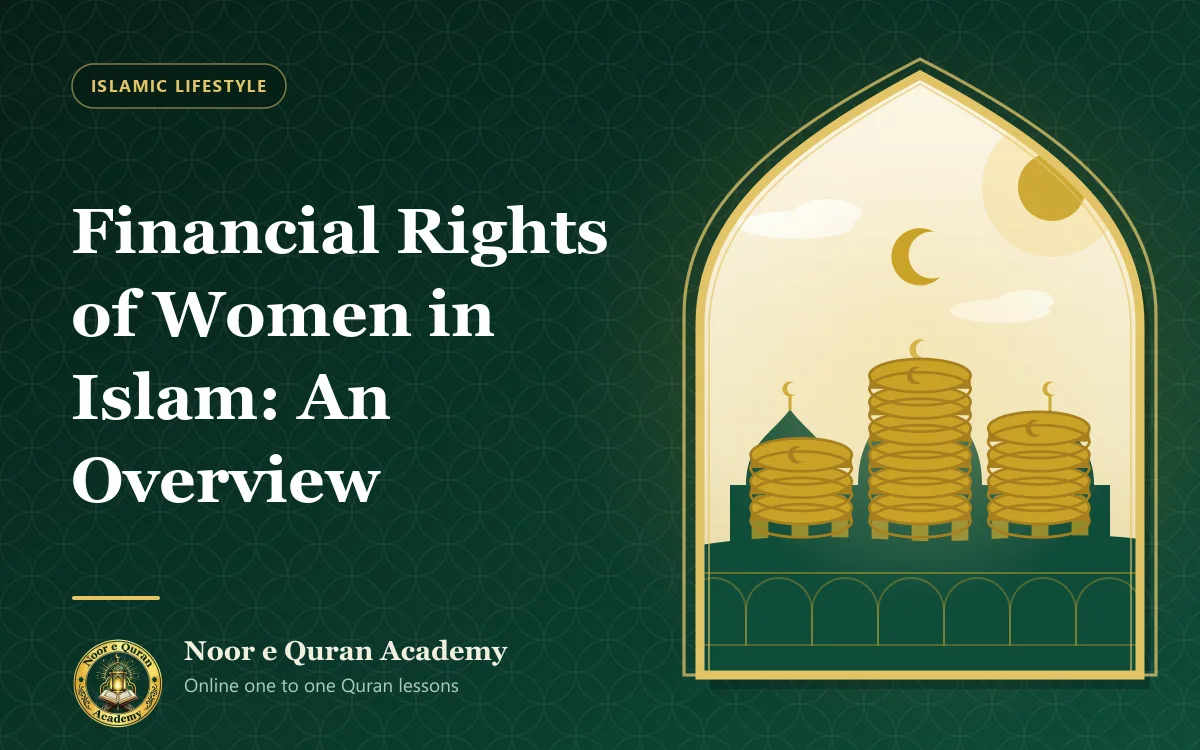 Financial Rights of Women in Islam: An Overview Featured image for the article "Financial Rights of Women in Islam: An Overview": stacks of gold coins stamped with crescents beneath a crescent moon, with domes behind, framed by a mihrab arch in emerald and gold.