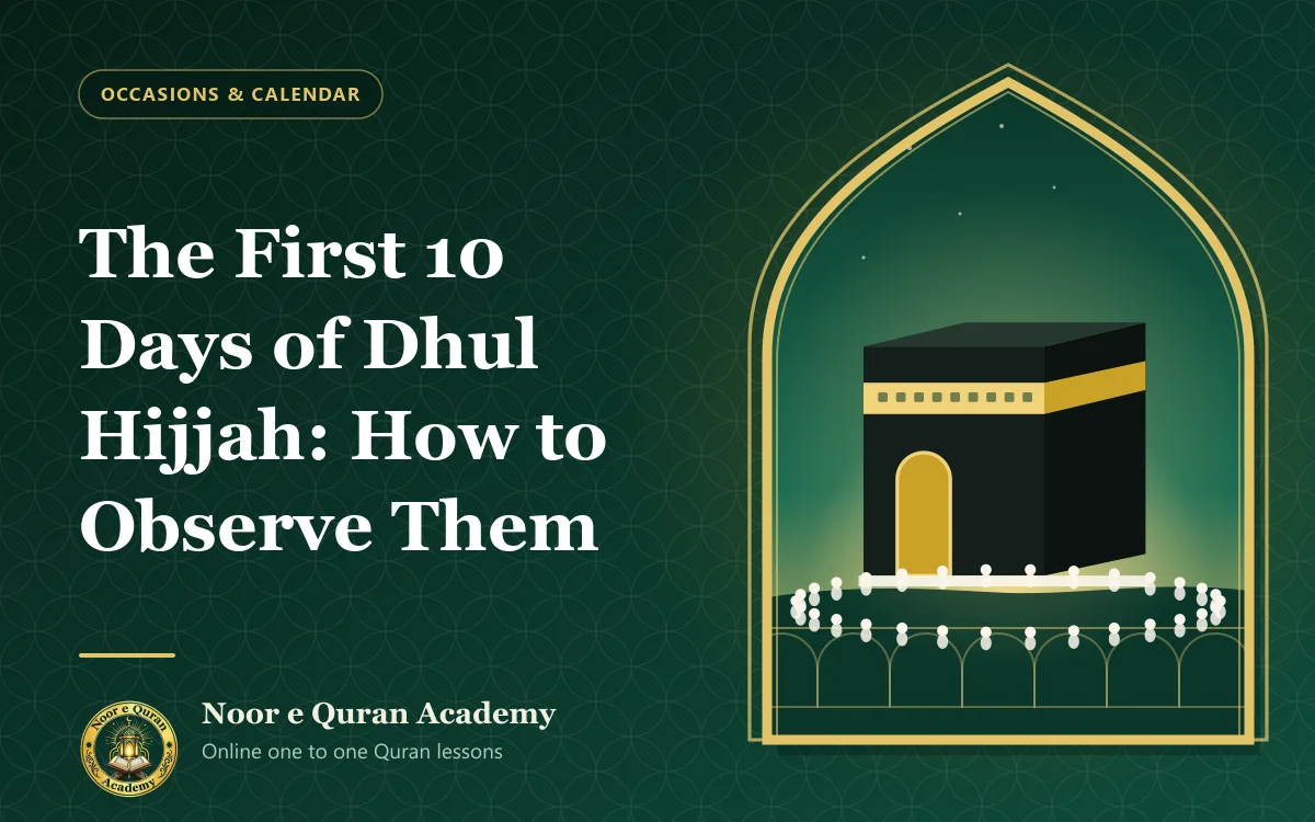 The First 10 Days of Dhul Hijjah: How to Observe Them Featured image for the article "The First 10 Days of Dhul Hijjah: How to Observe Them": the Kaaba with pilgrims circling it as the sun rises, framed by a mihrab arch in emerald and gold.
