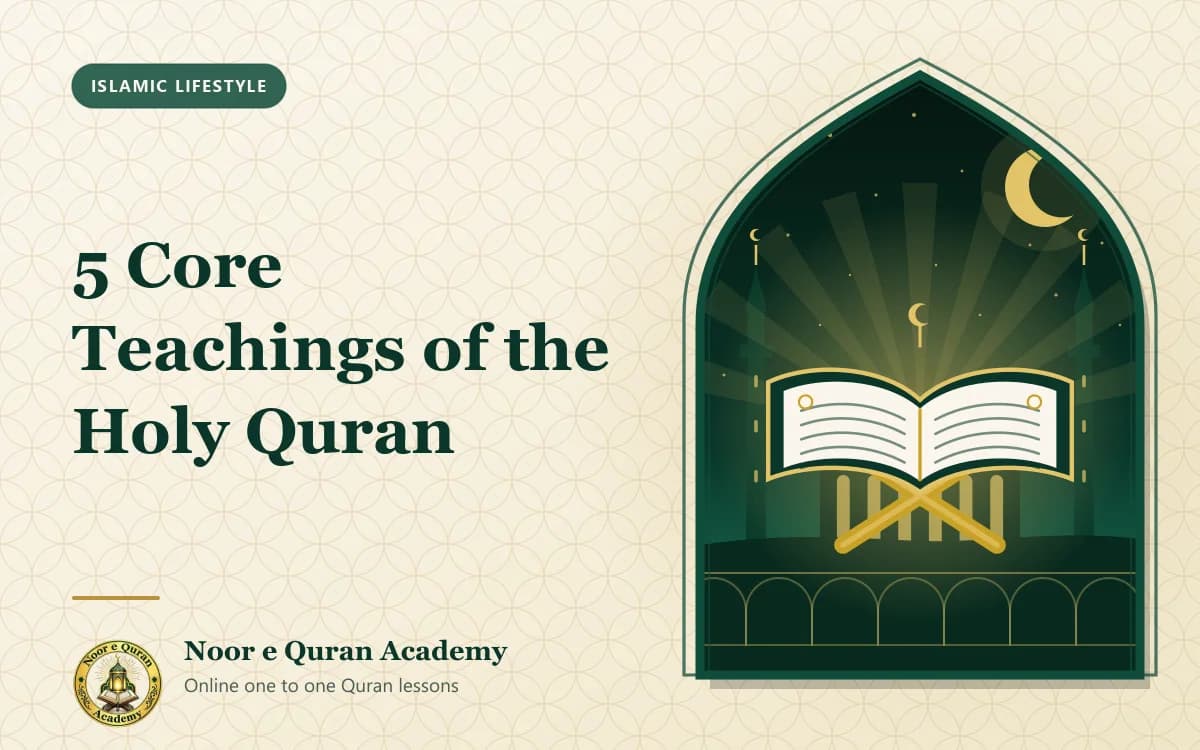 5 Core Teachings of the Holy Quran Featured image for the article "5 Core Teachings of the Holy Quran": an open Quran on a wooden stand glowing with light, in front of a mosque at night, framed by a mihrab arch in emerald and gold.