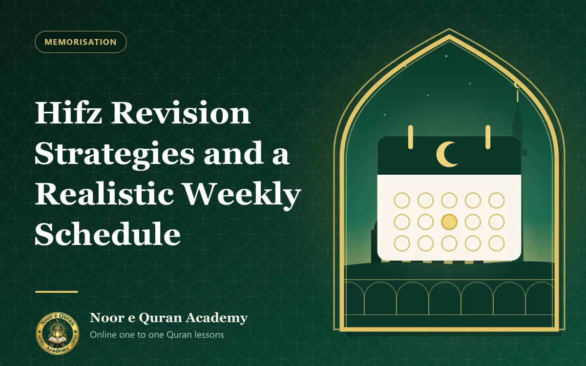 Hifz Revision Strategies and a Realistic Weekly Schedule Featured image for the article "Hifz Revision Strategies and a Realistic Weekly Schedule": a calendar page with a crescent moon, in front of a mosque and minaret, framed by a mihrab arch in emerald and gold.