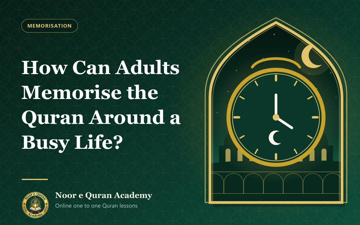 How Can Adults Memorise the Quran Around a Busy Life? Featured image for the article "How Can Adults Memorise the Quran Around a Busy Life?": a clock with a crescent on its face under a night sky over domes, framed by a mihrab arch in emerald and gold.