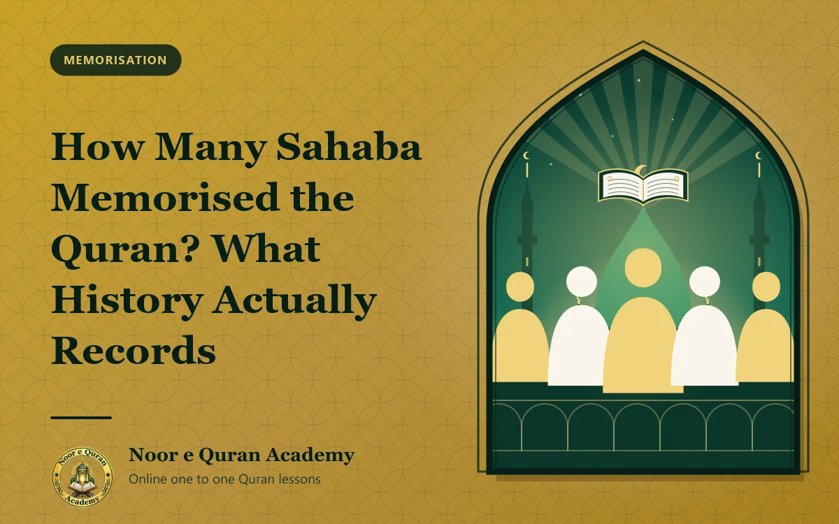 How Many Sahaba Memorised the Quran? What History Actually Records Featured image for the article "How Many Sahaba Memorised the Quran? What History Actually Records": a row of robed figures beneath an open Quran, in front of the green-domed mosque of Madinah, framed by a mihrab arch in emerald and gold.