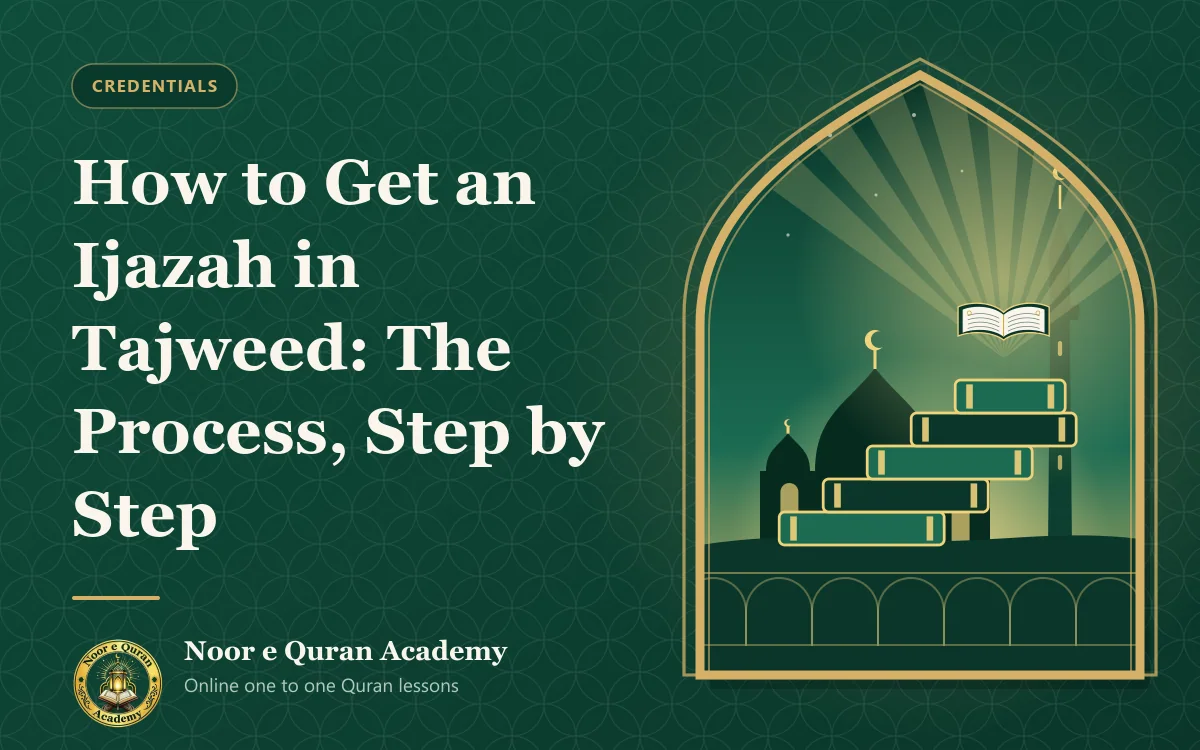 How to Get an Ijazah in Tajweed: The Process, Step by Step Featured image for the article "How to Get an Ijazah in Tajweed: The Process, Step by Step": a staircase of Quran volumes rising toward a glowing open Quran, before a mosque at dawn, framed by a mihrab arch in emerald and gold.