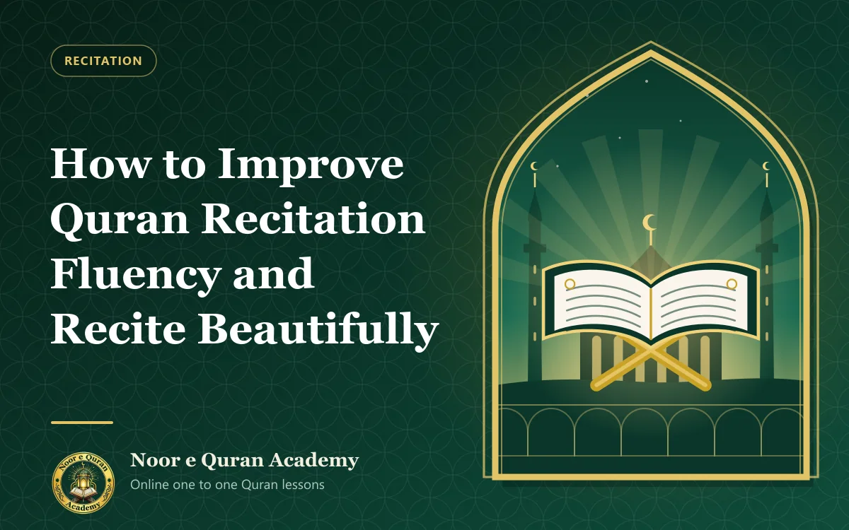 How to Improve Quran Recitation Fluency and Recite Beautifully Featured image for the article "How to Improve Quran Recitation Fluency and Recite Beautifully": an open Quran on a wooden stand glowing with light, in front of a mosque at dawn, framed by a mihrab arch in emerald and gold.