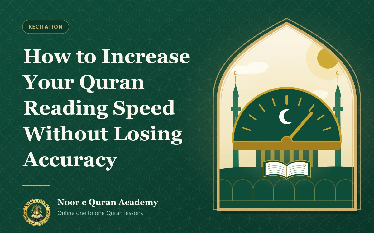 How to Increase Your Quran Reading Speed Without Losing Accuracy Featured image for the article "How to Increase Your Quran Reading Speed Without Losing Accuracy": a speed dial with a crescent on its face above an open Quran, in front of a mosque, framed by a mihrab arch in emerald and gold.