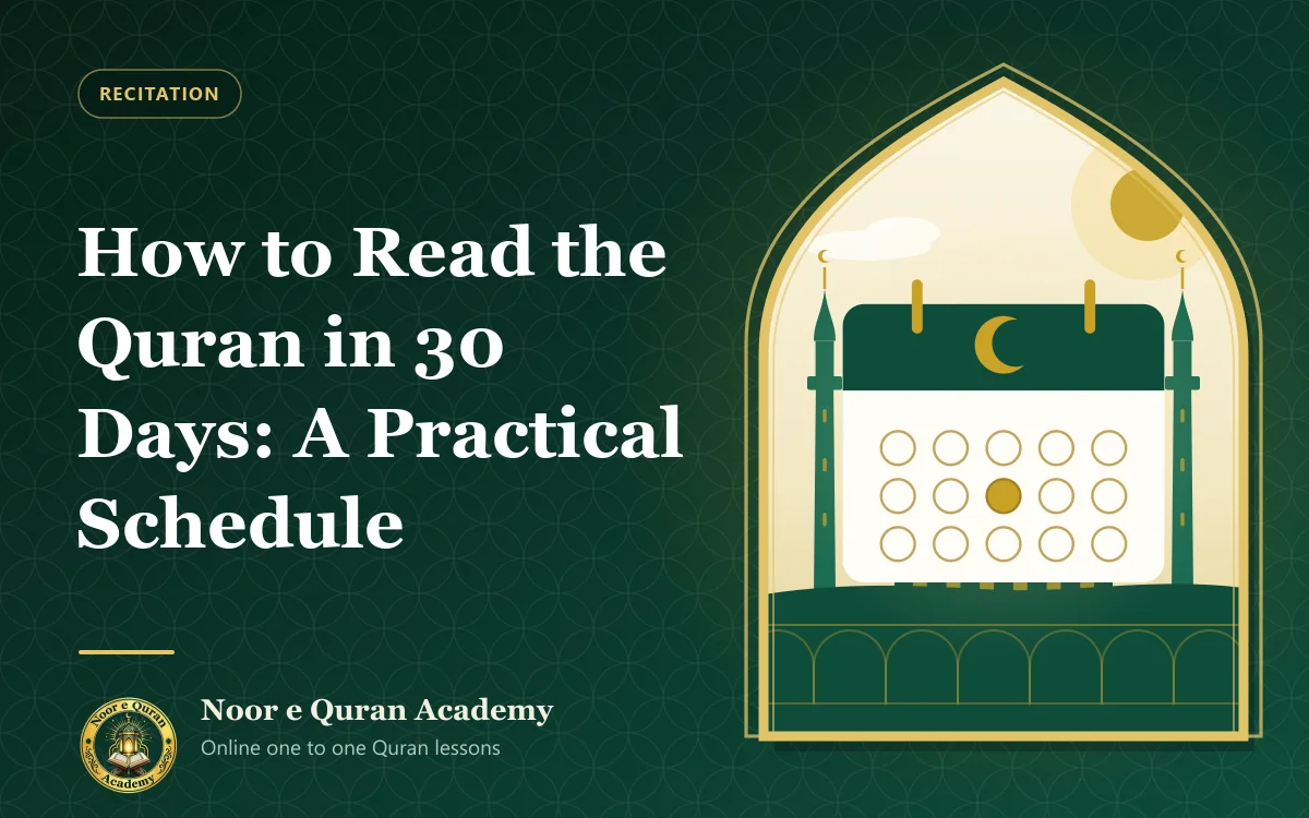 How to Read the Quran in 30 Days: A Practical Schedule Featured image for the article "How to Read the Quran in 30 Days: A Practical Schedule": a calendar page with a crescent moon, in front of a mosque, framed by a mihrab arch in emerald and gold.