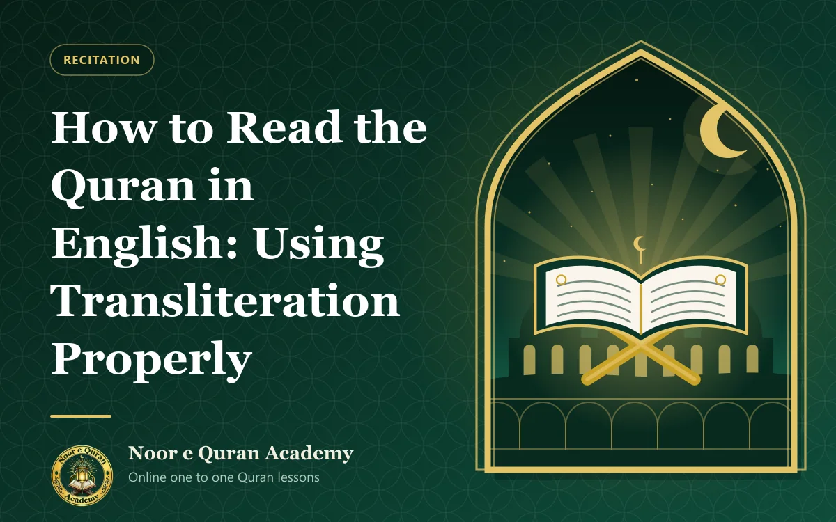 How to Read the Quran in English: Using Transliteration Properly Featured image for the article "How to Read the Quran in English: Using Transliteration Properly": an open Quran on a wooden stand glowing with light, with domes under a night sky, framed by a mihrab arch in emerald and gold.