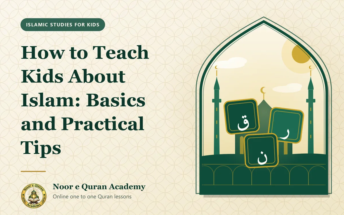 How to Teach Kids About Islam: Basics and Practical Tips Featured image for the article "How to Teach Kids About Islam: Basics and Practical Tips": children's letter blocks showing Arabic letters, in front of a mosque, framed by a mihrab arch in emerald and gold.