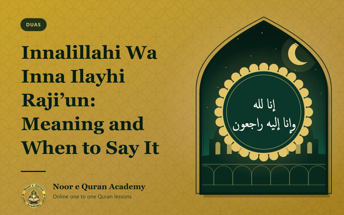 Innalillahi Wa Inna Ilayhi Raji'un: Meaning and When to Say It Featured image for the article "Innalillahi Wa Inna Ilayhi Raji'un: Meaning and When to Say It": the Arabic phrase Inna lillahi wa inna ilayhi raji'un in gold calligraphy under a night sky, framed by a mihrab arch in emerald and gold.