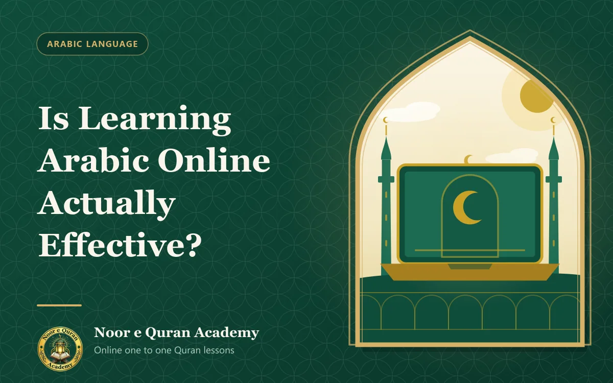 Is Learning Arabic Online Actually Effective? Featured image for the article "Is Learning Arabic Online Actually Effective?": a laptop showing a mihrab arch and crescent, in front of a mosque skyline, framed by a mihrab arch in emerald and gold.
