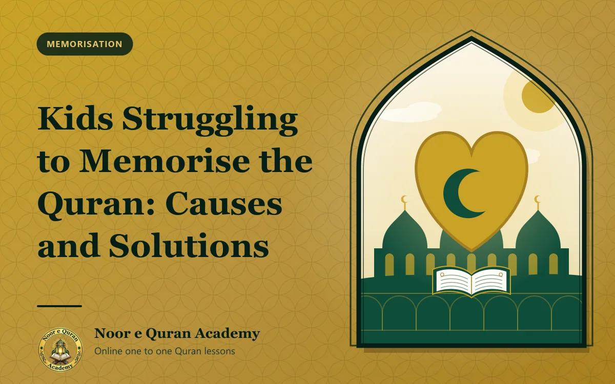 Kids Struggling to Memorise the Quran: Causes and Solutions Featured image for the article "Kids Struggling to Memorise the Quran: Causes and Solutions": a golden heart with a crescent inside it above an open Quran, with domes behind, framed by a mihrab arch in emerald and gold.
