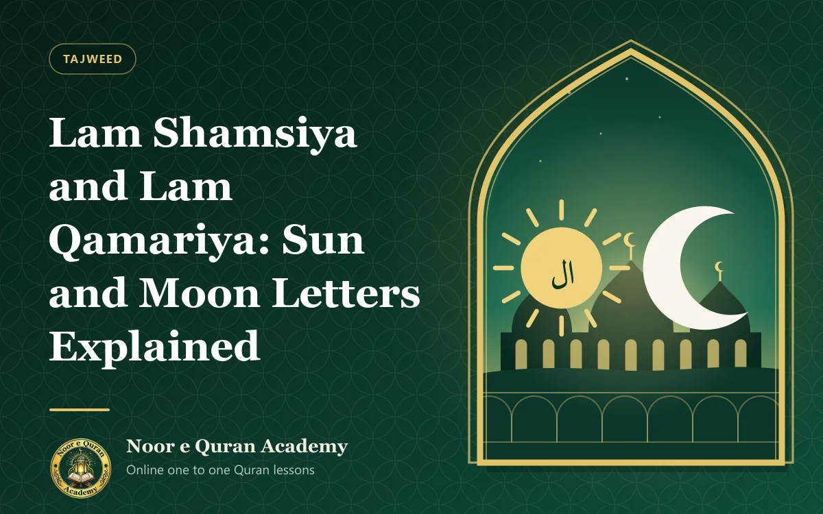 Lam Shamsiya and Lam Qamariya: Sun and Moon Letters Explained Featured image for the article "Lam Shamsiya and Lam Qamariya: Sun and Moon Letters Explained": a golden sun beside a crescent moon, with domes on the horizon, framed by a mihrab arch in emerald and gold.