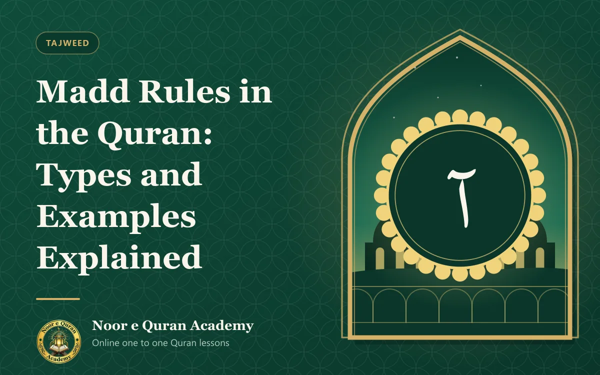 Madd Rules in the Quran: Types and Examples Explained Featured image for the article "Madd Rules in the Quran: Types and Examples Explained": the Arabic letter alif with a madd sign inside an ornate medallion, with domes at dawn, framed by a mihrab arch in emerald and gold.