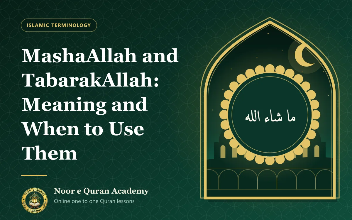 MashaAllah and TabarakAllah: Meaning and When to Use Them Featured image for the article "MashaAllah and TabarakAllah: Meaning and When to Use Them": the phrase MashaAllah in gold calligraphy inside an ornate medallion, under a night sky, framed by a mihrab arch in emerald and gold.