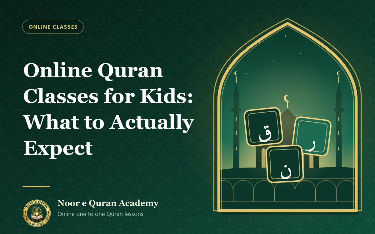 Online Quran Classes for Kids: What to Actually Expect Featured image for the article "Online Quran Classes for Kids: What to Actually Expect": children's letter blocks showing Arabic letters, in front of a mosque at dawn, framed by a mihrab arch in emerald and gold.