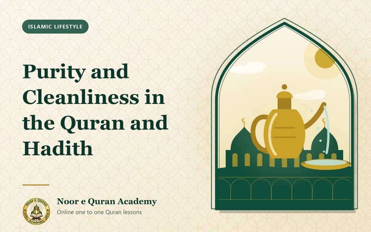 Purity and Cleanliness in the Quran and Hadith Featured image for the article "Purity and Cleanliness in the Quran and Hadith": a brass water ewer pouring into a basin, with domes behind, framed by a mihrab arch in emerald and gold.