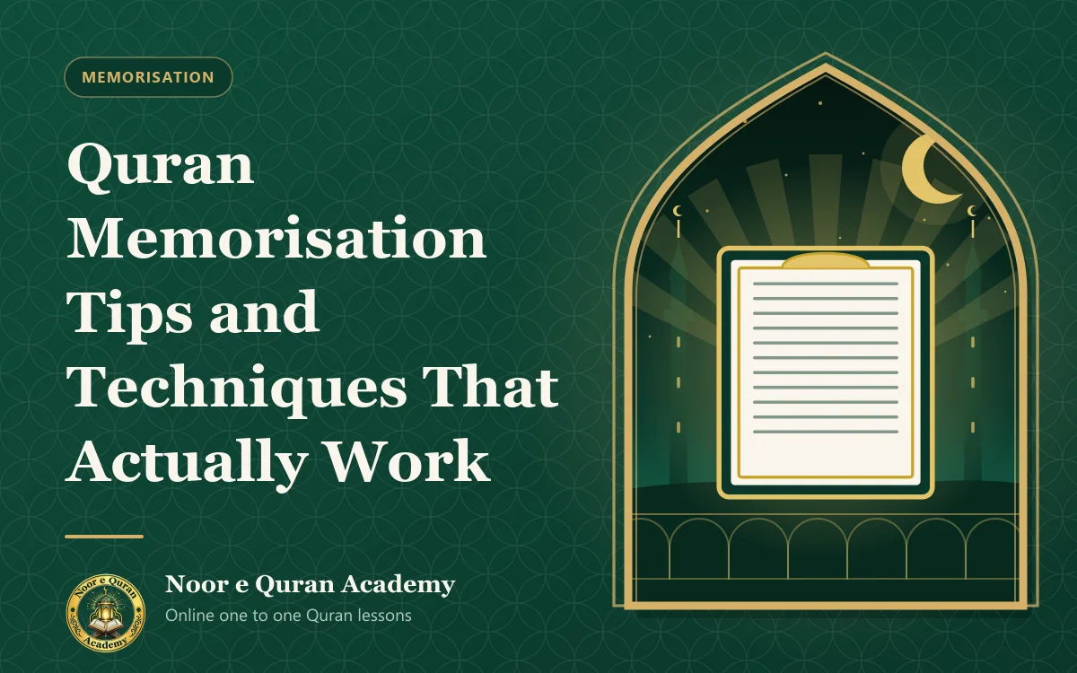 Quran Memorisation Tips and Techniques That Actually Work Featured image for the article "Quran Memorisation Tips and Techniques That Actually Work": a single Quran page with a gold header in a bright glow, in front of a mosque at night, framed by a mihrab arch in emerald and gold.