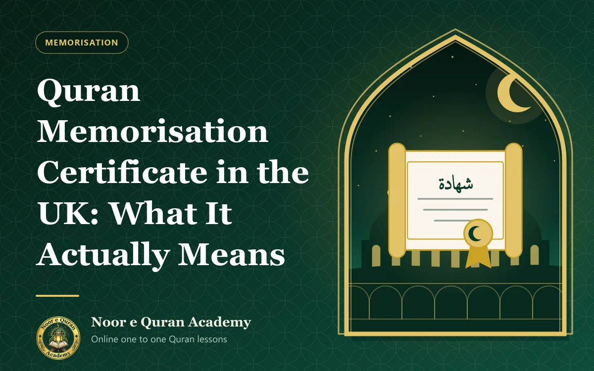 Quran Memorisation Certificate in the UK: What It Actually Means Featured image for the article "Quran Memorisation Certificate in the UK: What It Actually Means": a memorisation certificate scroll with an Arabic title and a gold seal, under a night sky, framed by a mihrab arch in emerald and gold.