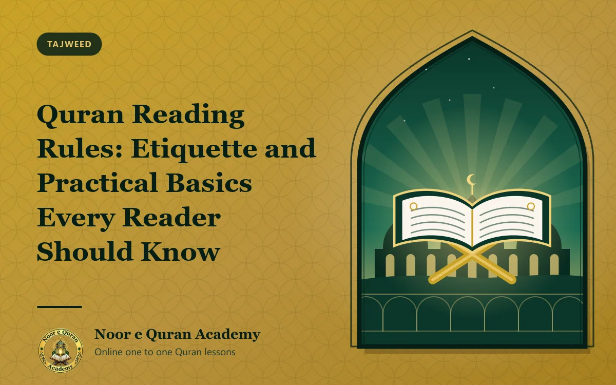 Quran Reading Rules: Etiquette and Practical Basics Every Reader Should Know Featured image for the article "Quran Reading Rules: Etiquette and Practical Basics Every Reader Should Know": an open Quran on a wooden stand glowing with light, with domes at dawn, framed by a mihrab arch in emerald and gold.