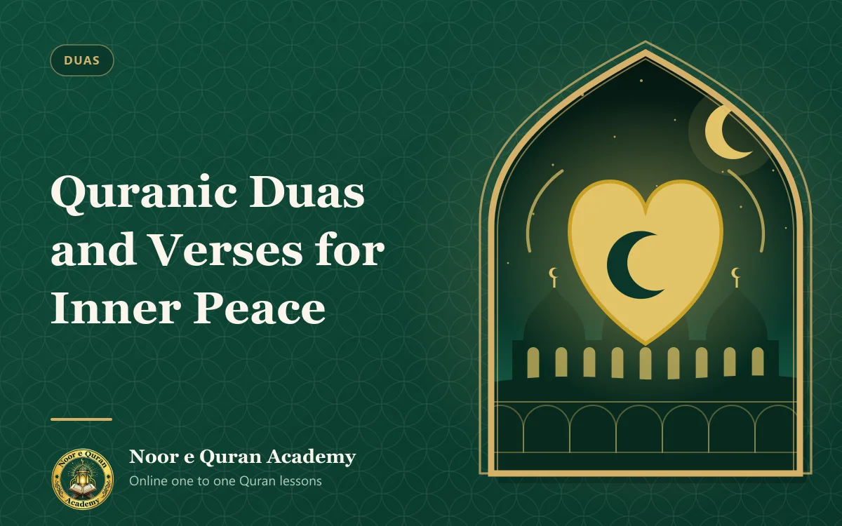 Quranic Duas and Verses for Inner Peace Featured image for the article "Quranic Duas and Verses for Inner Peace": a golden heart with a crescent moon inside it, beneath a night sky over domes, framed by a mihrab arch in emerald and gold.
