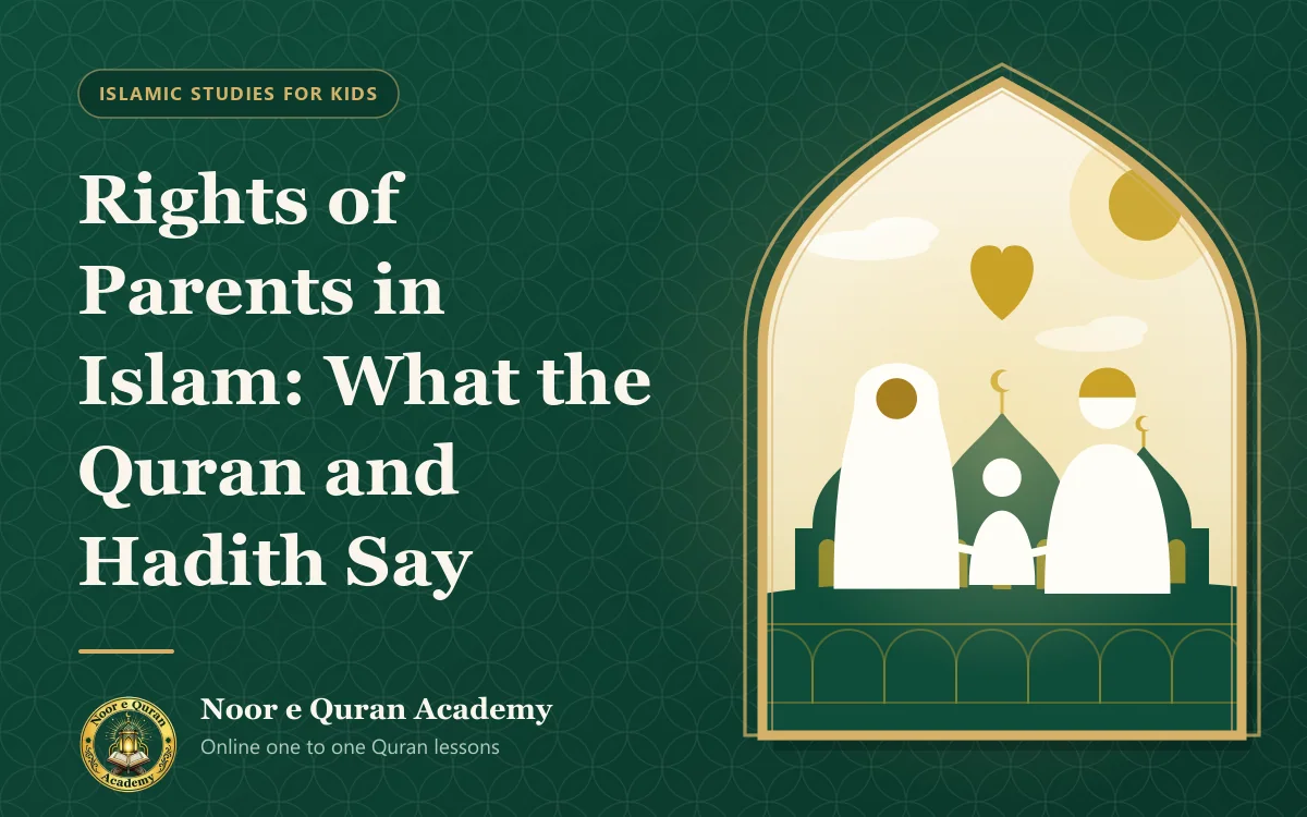 Rights of Parents in Islam: What the Quran and Hadith Say Featured image for the article "Rights of Parents in Islam: What the Quran and Hadith Say": a mother, father and child standing together beneath a heart, with domes behind, framed by a mihrab arch in emerald and gold.